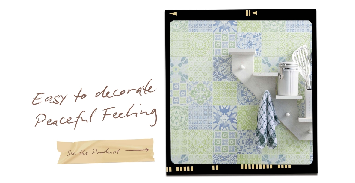 The color and pattern of  wallpaper use earth tones and a calm palette.